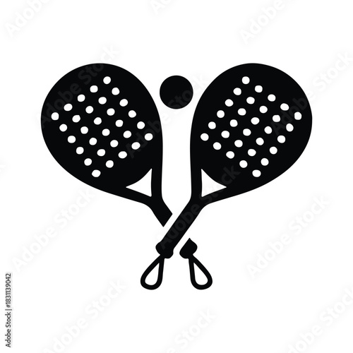 Black silhouette of a padel racket with a textured surface and handle, used for playing padel tennis
Silhouette logo of crossed padel racket and ball with simple and modern design