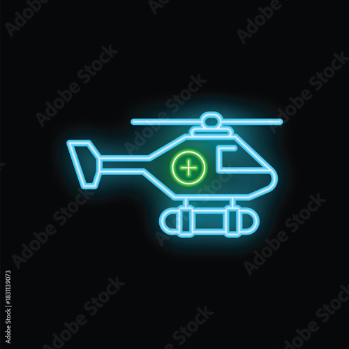 Glowing neon sign representing a medical helicopter transporting a patient to the hospital