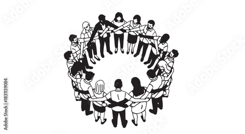 Diverse group of people standing in a unity circle illustration.