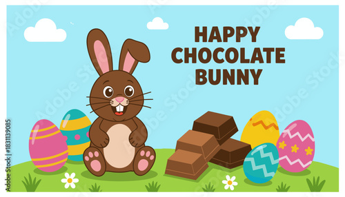 Cartoon chocolate bunny with Easter eggs and chocolate bars in garden  