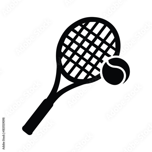 Black silhouette of a padel racket with a textured surface and handle, used for playing padel tennis
Silhouette logo of crossed padel racket and ball with simple and modern design