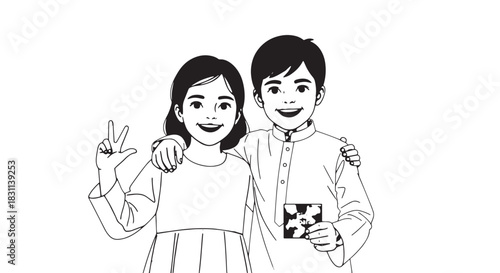 Smiling boy and girl friends posing together with trophy in simple line illustration.