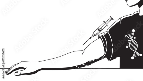 Monochrome illustration of gene therapy injection in arm with DNA symbol.