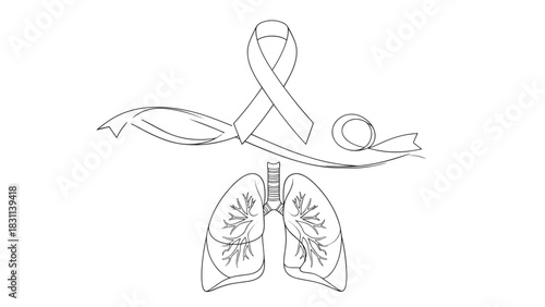 Line drawing of lungs with awareness ribbons symbolizing respiratory health and support.
