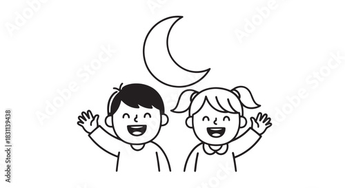 Happy children waving under a crescent moon simple line drawing.