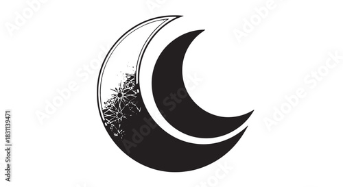 Stylized black and white crescent moon emblem with decorative textured motif.