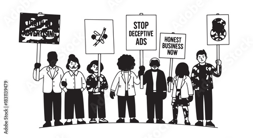 Group of protesters holding signs demanding honest advertising.