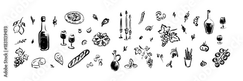 Set of charcoal, crayon, chalk doodle hand drawn French, Italian, Greek food and wine set. Sketch freehand paint brush drawing food and drink icons. Vintage restaurant, tapas menu background