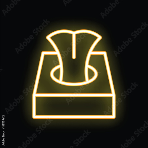 Neon icon of a tissue box dispensing tissues on a black background