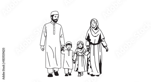 Black and white line art of Muslim family walking together in traditional clothing.