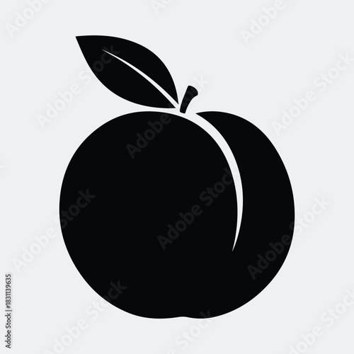 Silhouette ripe peach fruit with leaf simple flat vector illustration
