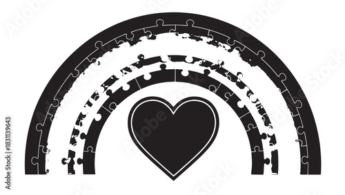Grunge black heart emblem with decorative arched pattern.