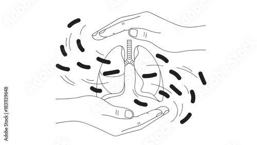 Hands cradling stylized lungs surrounded by microbes in monochrome illustration.