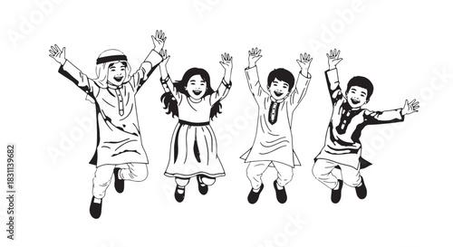 Black and white illustration of children jumping and cheering together.
