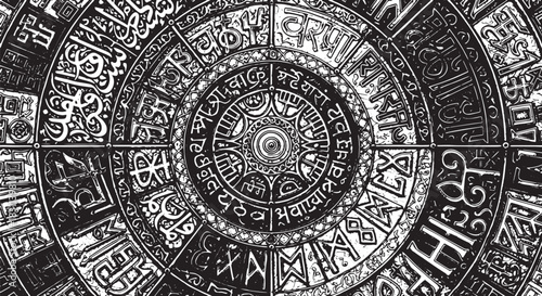 Detailed ancient circular stone calendar carving with glyphs.
