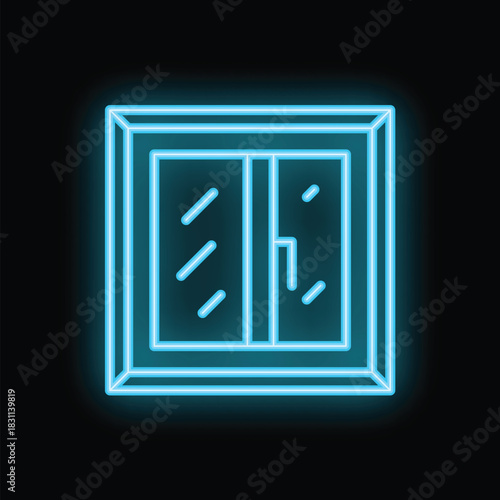 Blue neon sign of a window with rain outside, perfect for projects related to home, comfort or bad weather