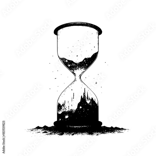Hourglass illustration with mountain landscape inside a vintage time measuring device with black ink
