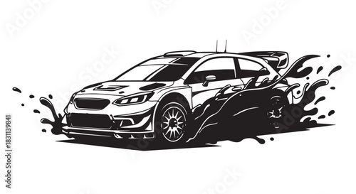 Dynamic stylized rally car illustration with motion splash and ink accents.