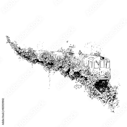 Monochrome illustration of a train partially obscured by dense foliage in a graphic design style