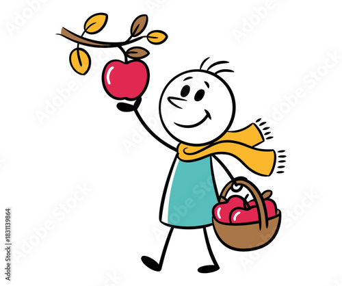 Happy stick figure picking a ripe apple from a tree branch, carrying a basket of fruit