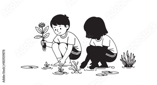 Children planting seedlings together in a garden as a learning activity.