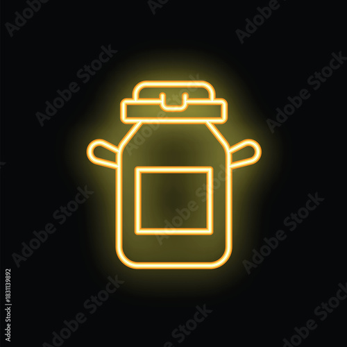 Yellow glowing neon icon of milk can with blank label, isolated on black background