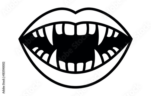 Fierce open mouth with sharp vampire fangs, a symbol of the night and mystery.