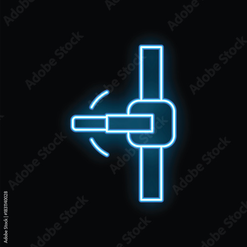 Blue neon icon of an automatic barrier gate closing on black background
