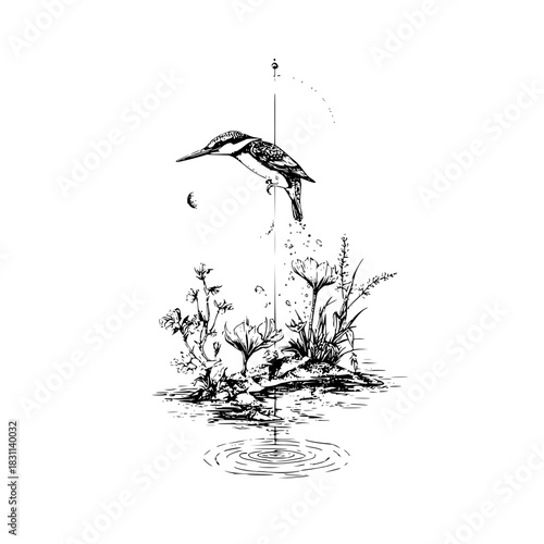 Bird perched above flowers with water ripples in a black and white artistic rendering style image