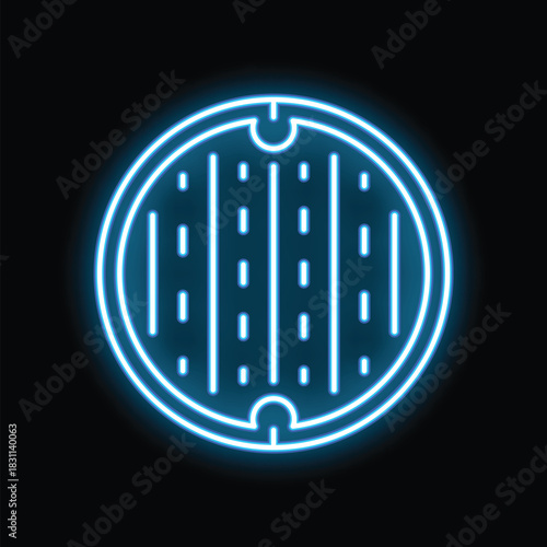 Blue neon round manhole cover glowing on black background