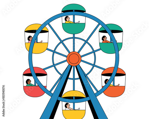 Colorful Ferris wheel carrying people enjoying a ride with a sense of fun and excitement.