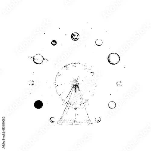 Ferris wheel surrounded by planets and stars in a black and white cosmic illustration style image