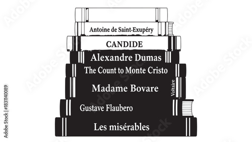 Stack of classic black and white novel spines on a minimalist bookshelf.