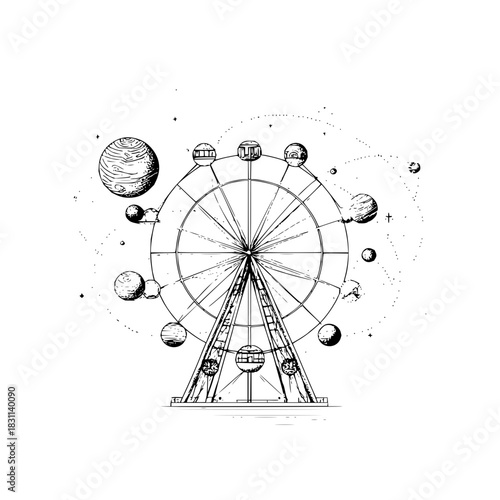 Illustration of a ferris wheel with planets and stars in a space themed black and white drawing style