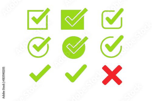 Green Checkmark Icons and Red Cross Mark Set