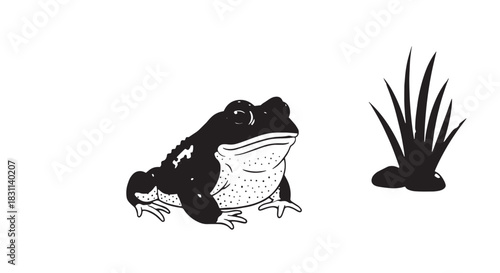 Black and white illustration of a toad beside a grassy tuft.