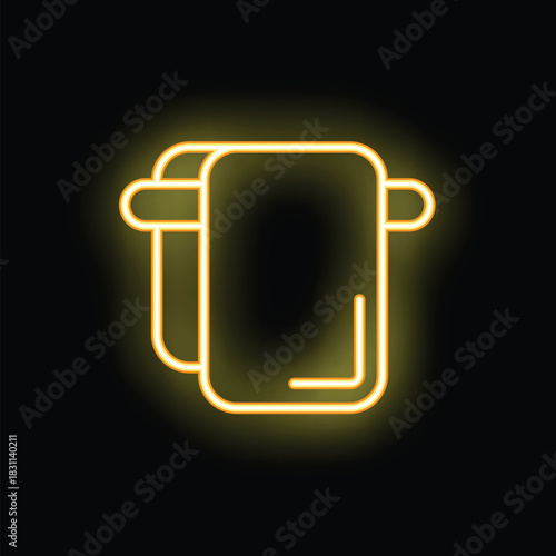 Glowing neon icon of bath towels hanging on a rack, representing bathroom amenities