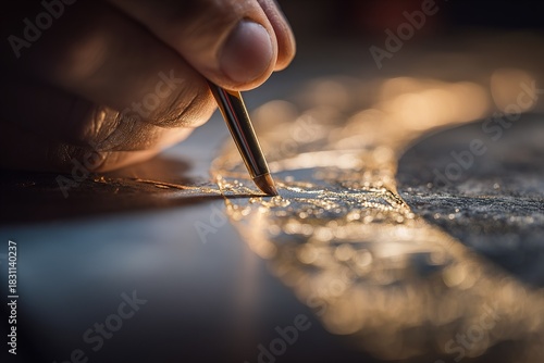 Artist applying gold leaf to a decorative surface in a creative workshop during afternoon light