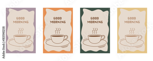Good morning coffee cup illustrations, perfect for greeting cards, social media posts, and coffee shop branding. Warm colors and cozy vibes, vector illustration