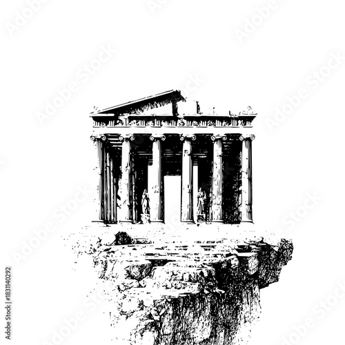 Illustration of a classical greek temple with columns and statues on a rocky promontory in black and white