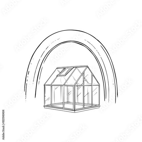 Illustration of a greenhouse with a window on the roof under a triple arched frame design element