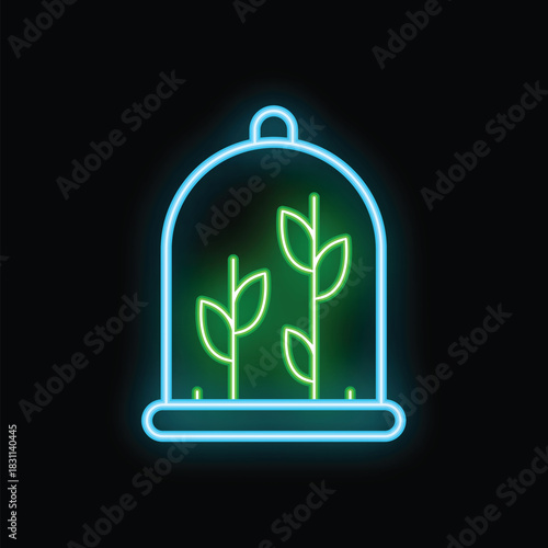 Glowing neon line plant breeding in vitro under flask icon isolated on black background. Bioengineering concept. Vector illustration