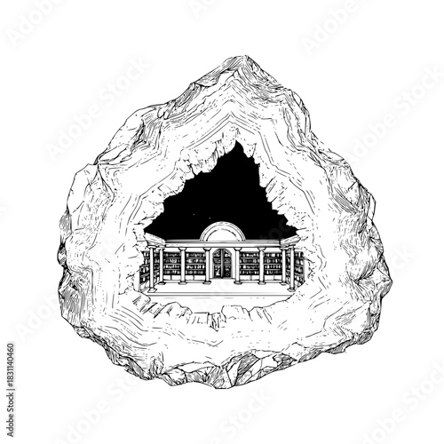 Illustration of a library inside a cave with books and pillars in black and white detailed drawing style