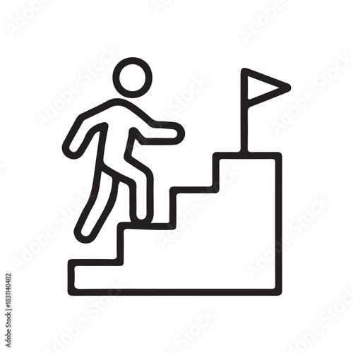 Career progress and goal achievement icon with a person climbing stairs towards a flag representing ambition success and reaching a target vector solid glyph icon