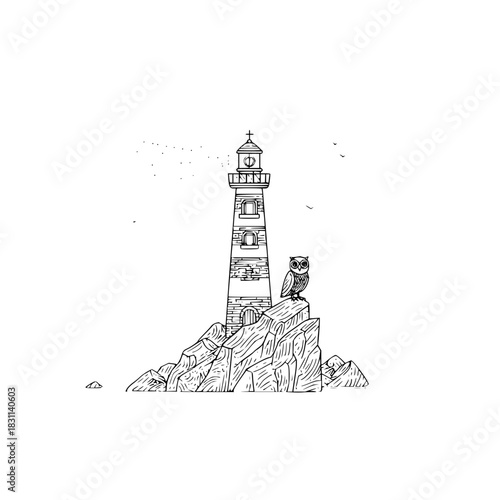 Illustration of a lighthouse on rocks with an owl perched on it and birds flying around it