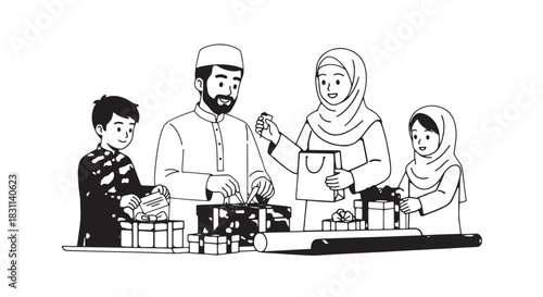 Family kitchen scene of people cooking and preparing food together at a countertop with jars and utensils.