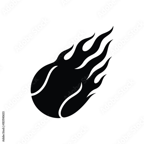 Black and white burning tennis ball stylized with flame design isolated on white background