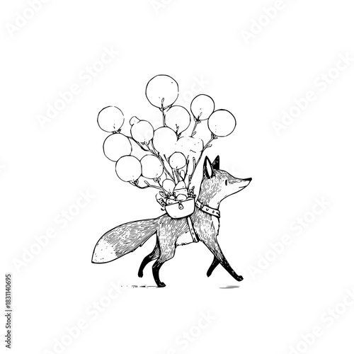 Illustration of a fox carrying a basket of eggs while being lifted by a bunch of balloons tied to it