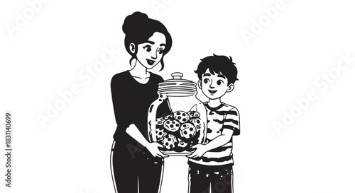 Mother and son sharing a bowl of cookies in a cozy kitchen.
