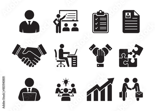 
Set of work icons in silhouette style. Symbols of collaboration with partners, work teams, and businesses. Vector illustration